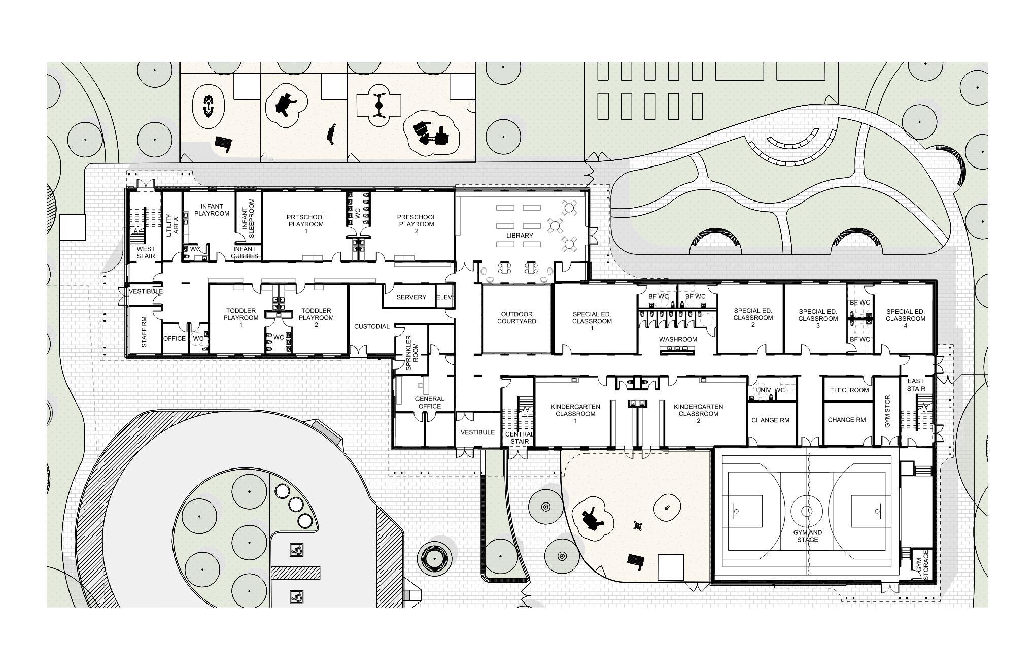 Architectural first floor plan looking down from above showing main entrance at center of the building, daycare on the left and the school instructional spaces  on the right after the building is completed. Open Gallery